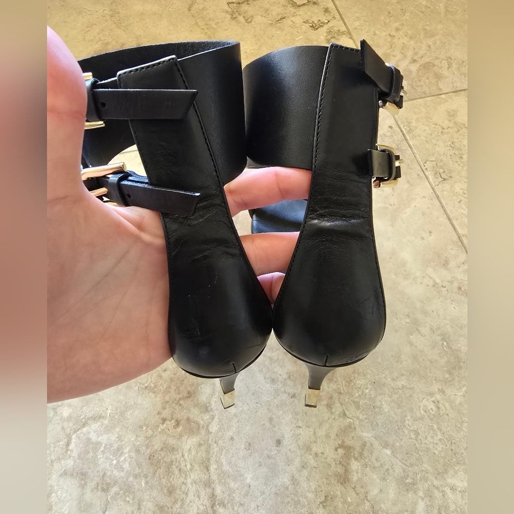 Balmain Black Leather Gold-Accent Stiletto Heels - Picture 5 of 16